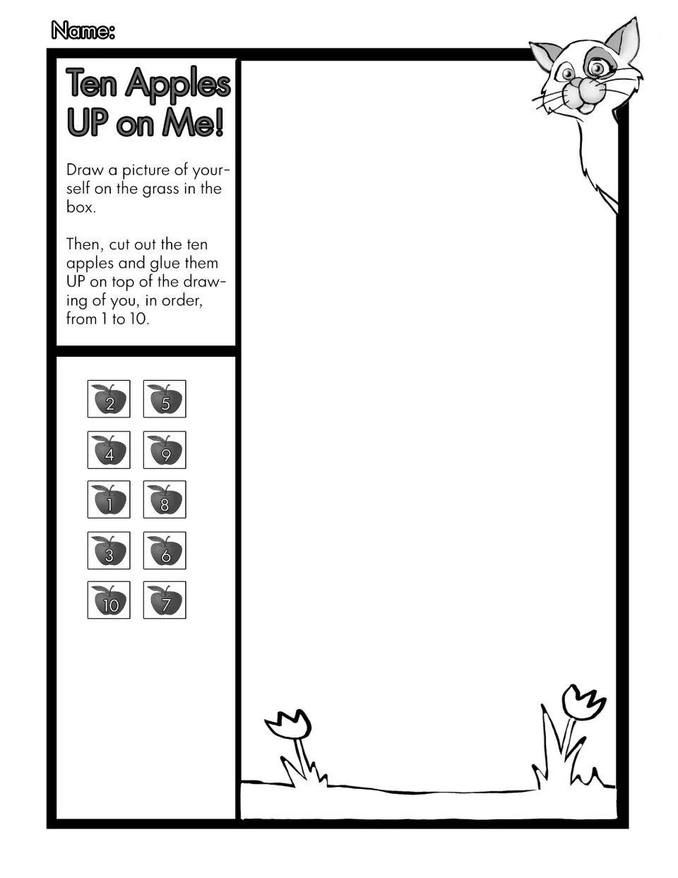 Black-and-white number-order activity: draw yourself and glue apples numbered 1 through 10 above your head.