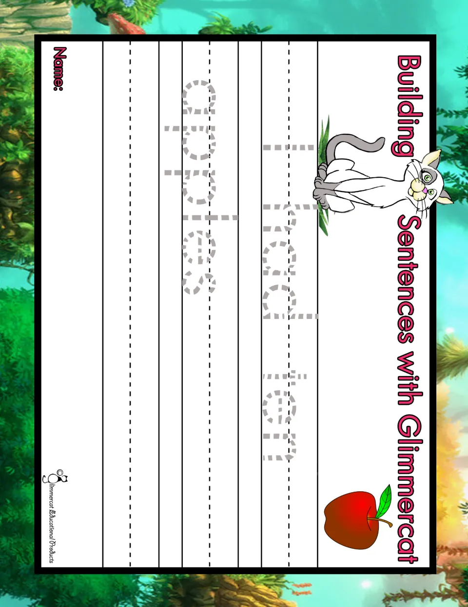 Color sentence practice titled 'Building Sentences with Glimmercat,' featuring 'I had ten apples' to trace.
