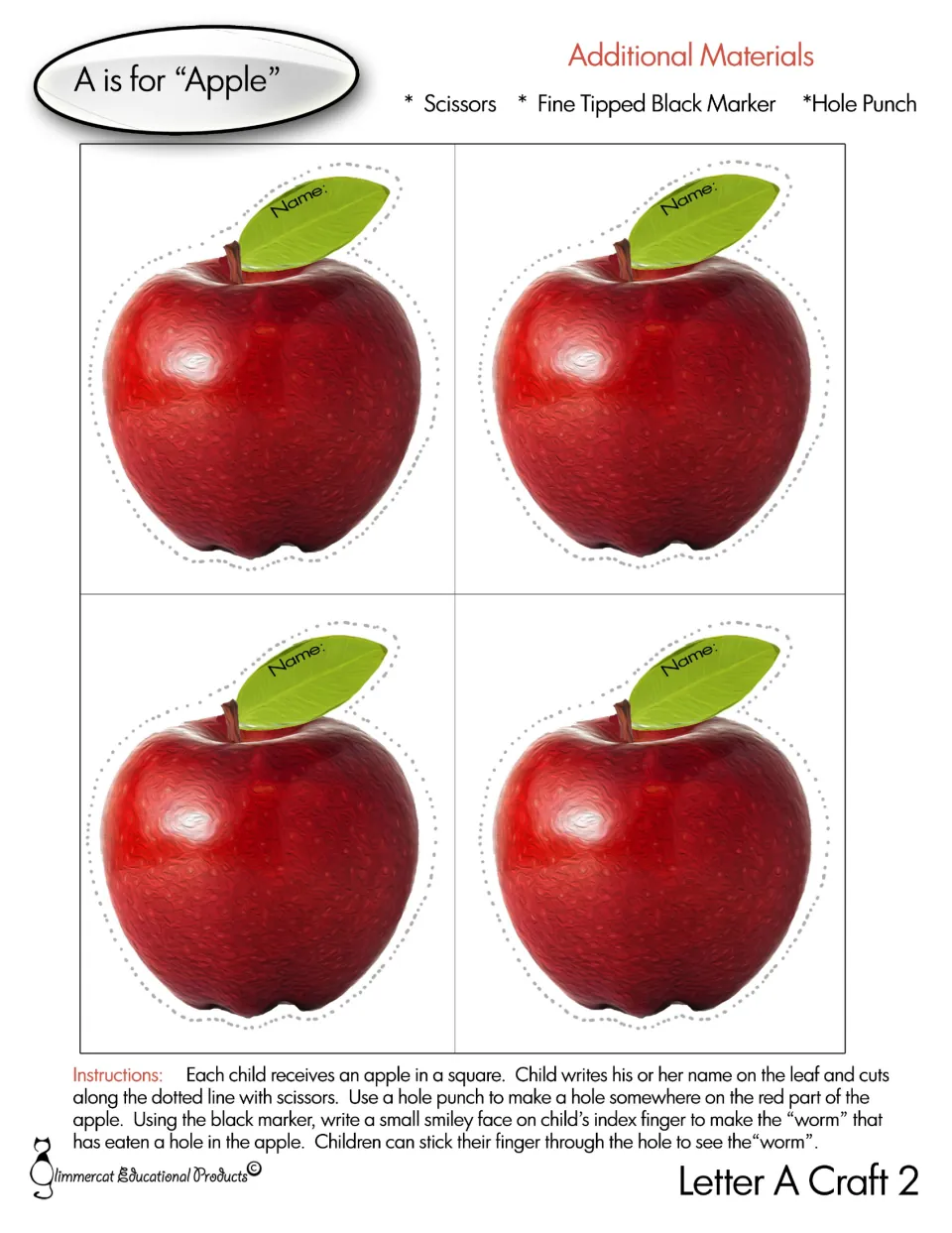 Color apple craft sheet: four apple cutouts with name spaces on leaves and directions for a finger 'worm.'