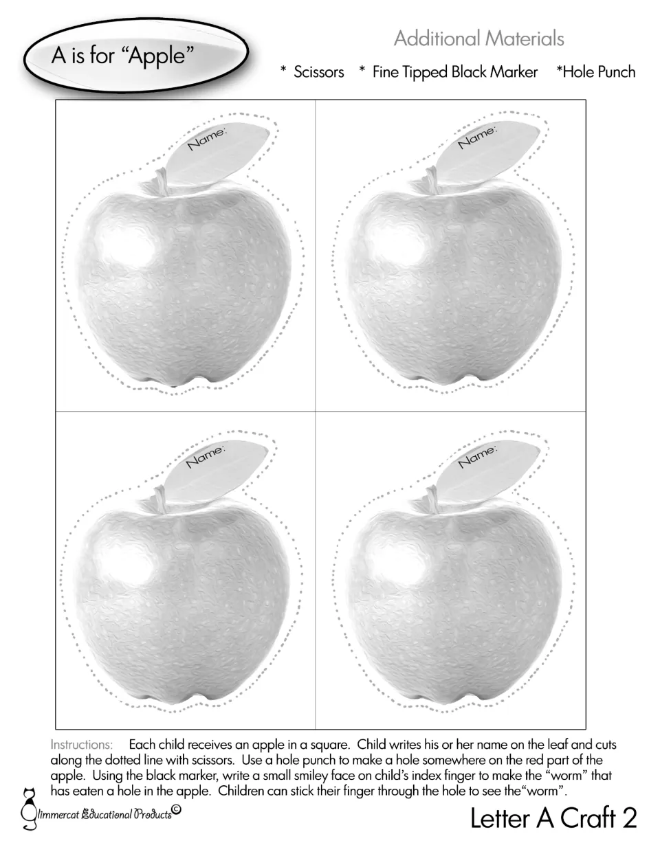 Black-and-white apple craft sheet: four apple cutouts with name spaces and instructions for a finger 'worm.'