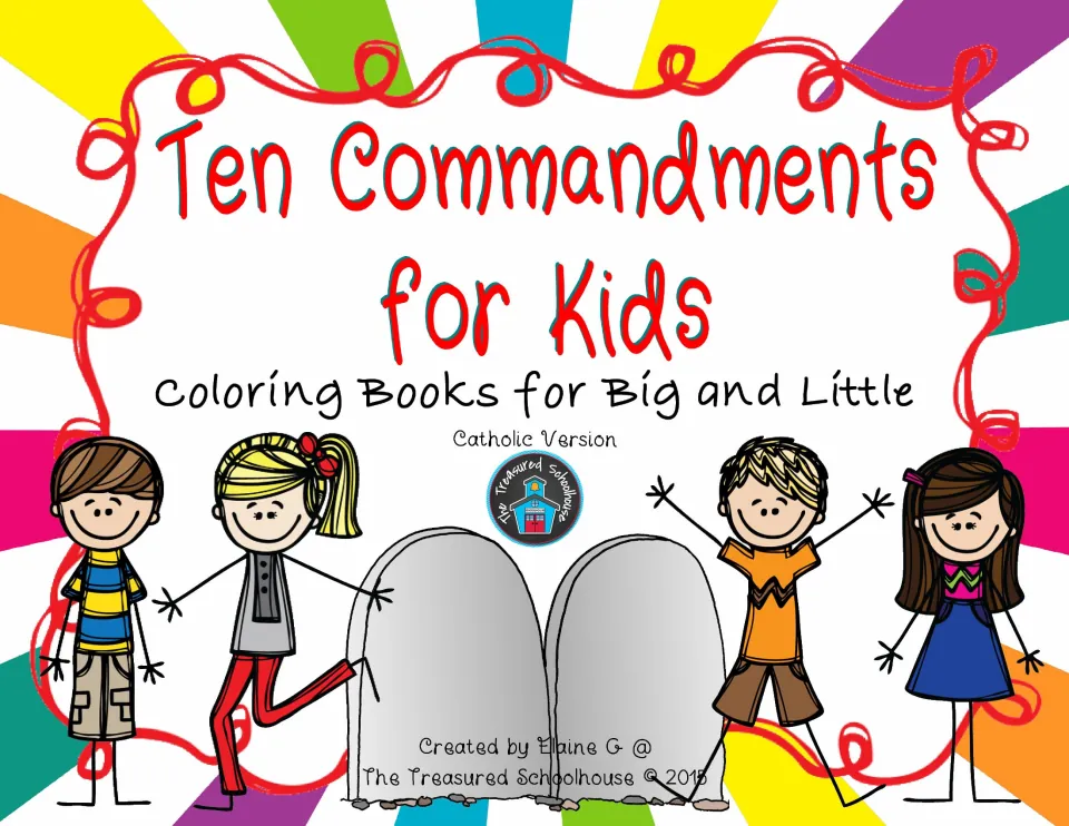 Resource cover introducing Catholic Ten Commandments coloring booklets for big and little kids
