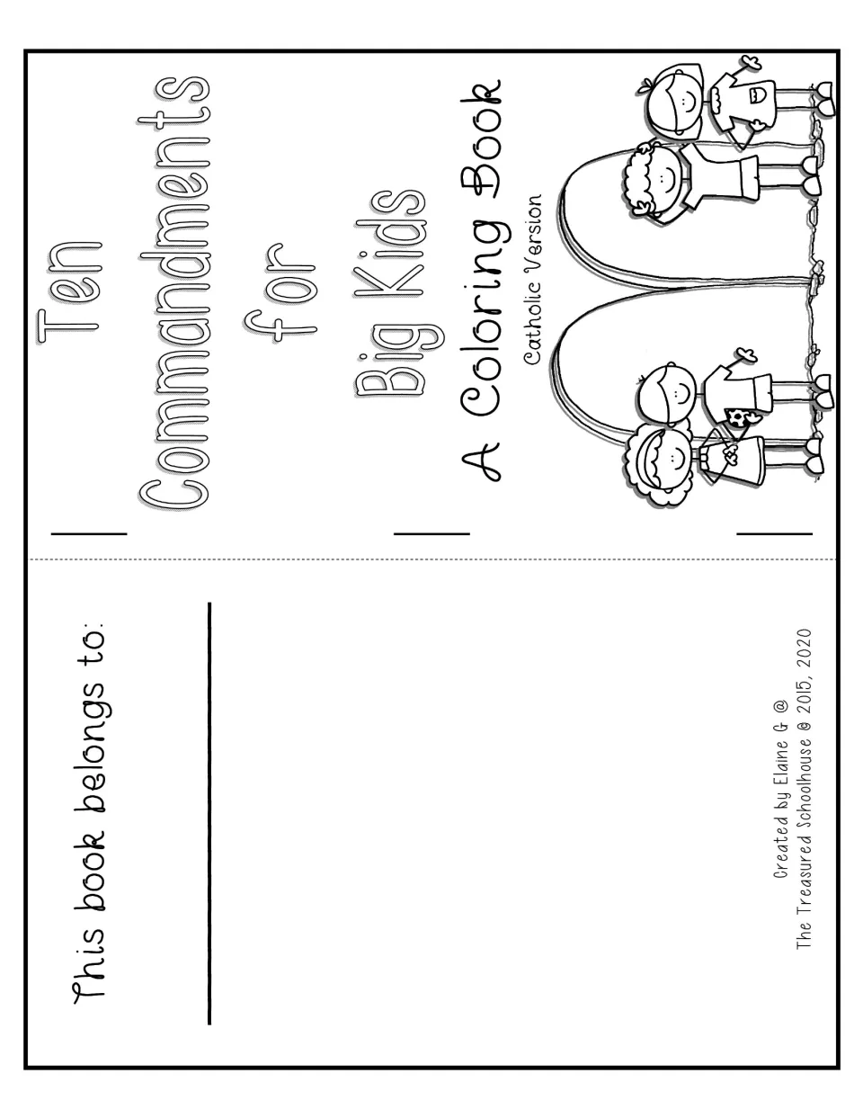 Big kids booklet cover for the Catholic commandments coloring book, with a space for the owner's name