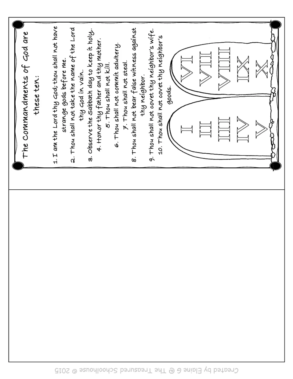 Big kids booklet closing page lists all ten Catholic commandments beside tablets numbered I through X