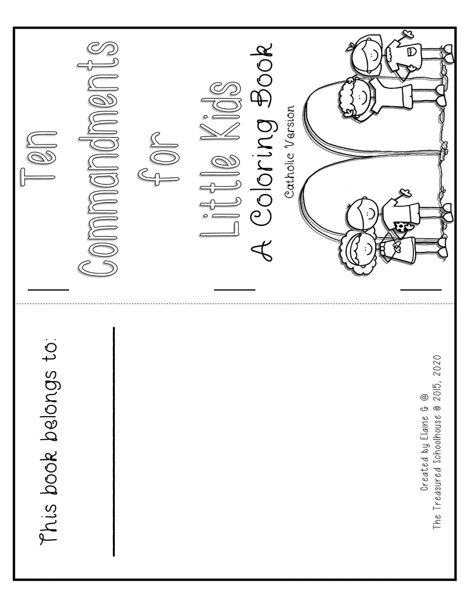 Little kids booklet cover for the Catholic commandments coloring book, with a space for the owner's name