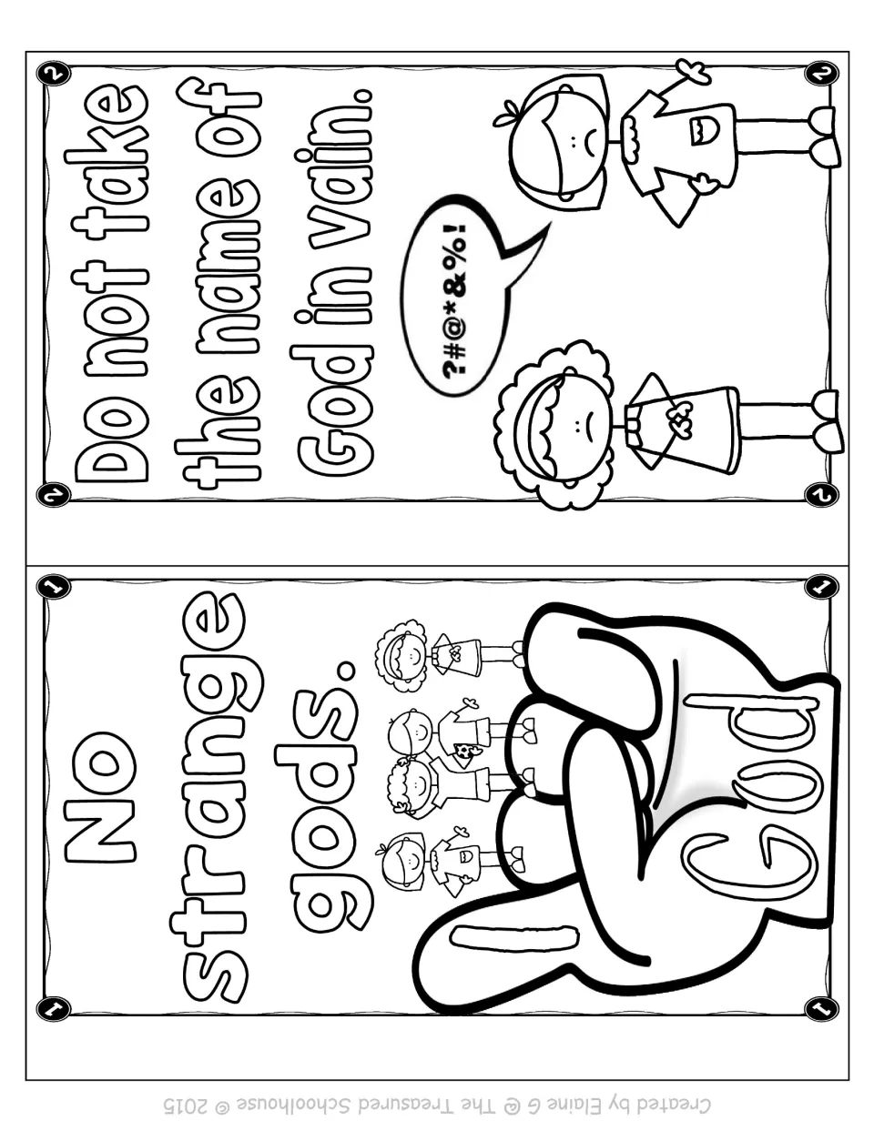 Little kids coloring booklet commandments 1–2: 'No strange gods' and 'Do not take the name of God in vain'