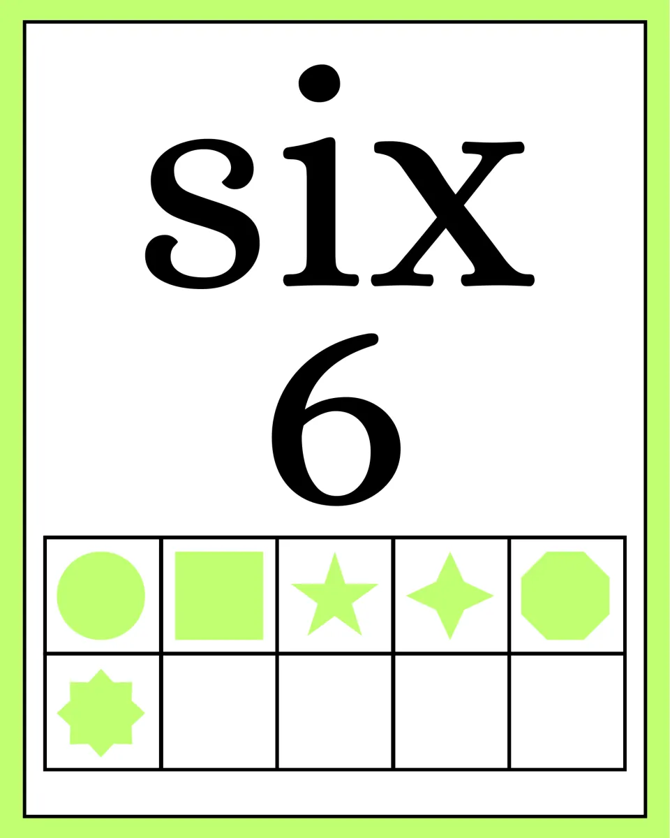 Number poster for six pairs the word 'six' and numeral 6 with six light green shapes for counting.