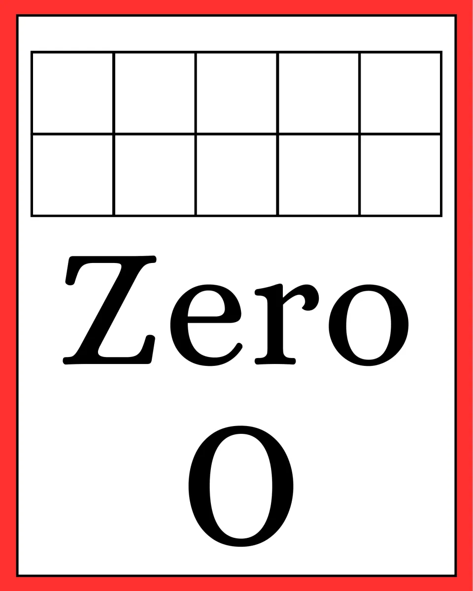 Number poster for counting practice: the word 'Zero,' numeral 0, and an empty ten frame showing zero.