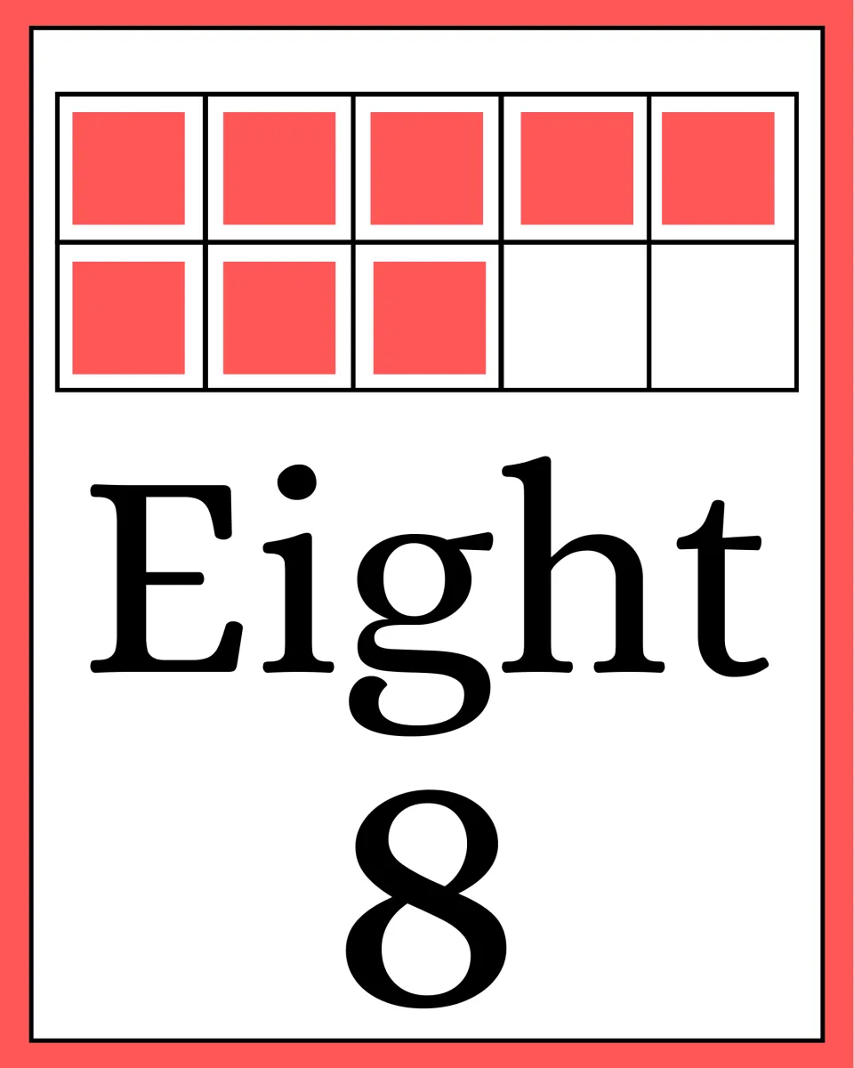 Number poster for counting practice: the word 'Eight,' numeral 8, and eight colored squares in a ten frame.