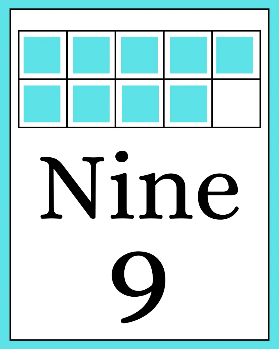 Number poster for counting practice: the word 'Nine,' numeral 9, and nine colored squares in a ten frame.