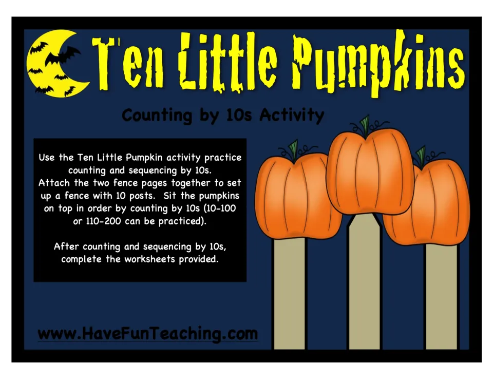 Ten Little Pumpkins Counting by 10 Activity cover: directions for ordering pumpkins from 10–100 or 110–200