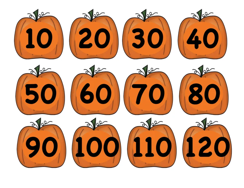 First pumpkin cutout sheet contains 12 numbers from 10 to 120 in increments of 10 for sequencing on the fence