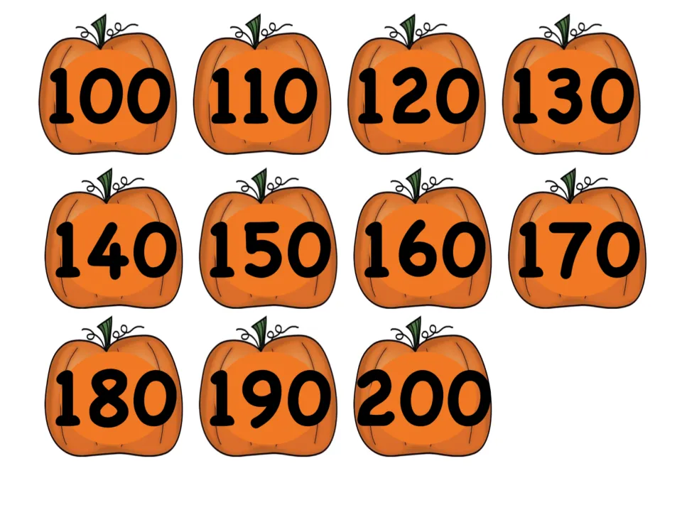Second pumpkin cutout sheet contains 11 numbers from 100 to 200 in increments of 10 for sequencing on the fence