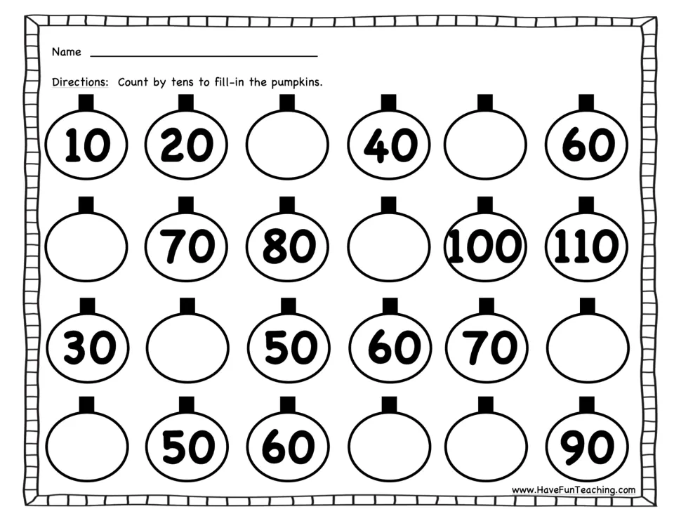 First counting worksheet asks students to fill missing pumpkin numbers in four sequences using tens from 10 to 110