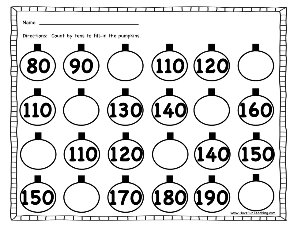 Second counting worksheet asks students to fill missing pumpkin numbers in four sequences spanning 80–200