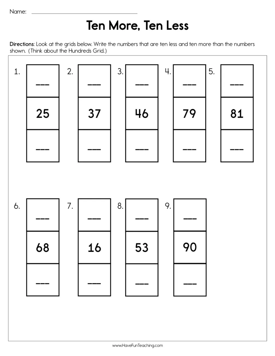 Adding and subtracting 10: students write the numbers ten less and ten more than 25, 37, 46, 79, 81, 68, 16, 53 and 90