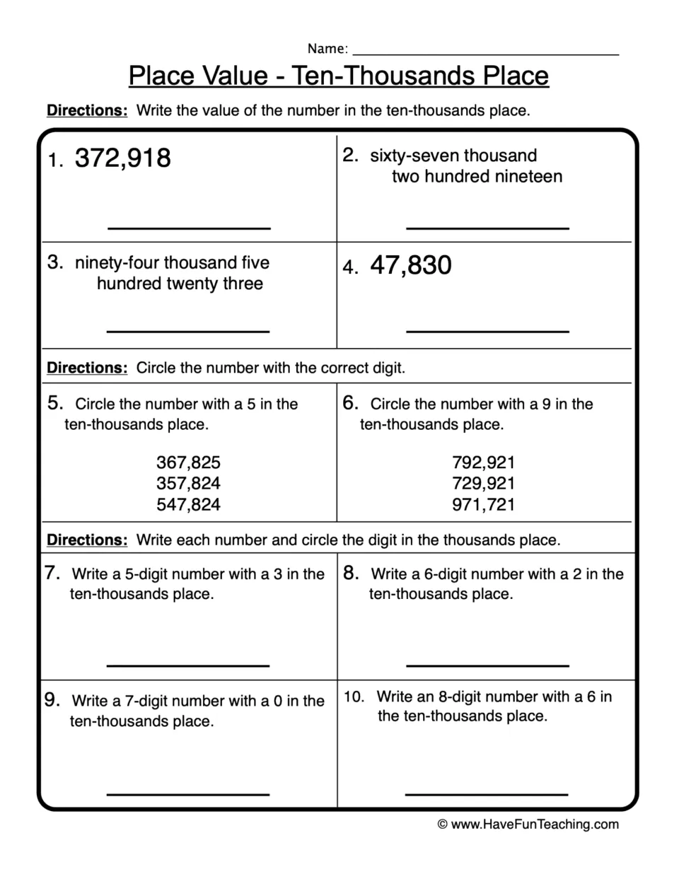 Ten-thousands place: students write values, circle numbers with a given digit and write 5- to 8-digit numbers