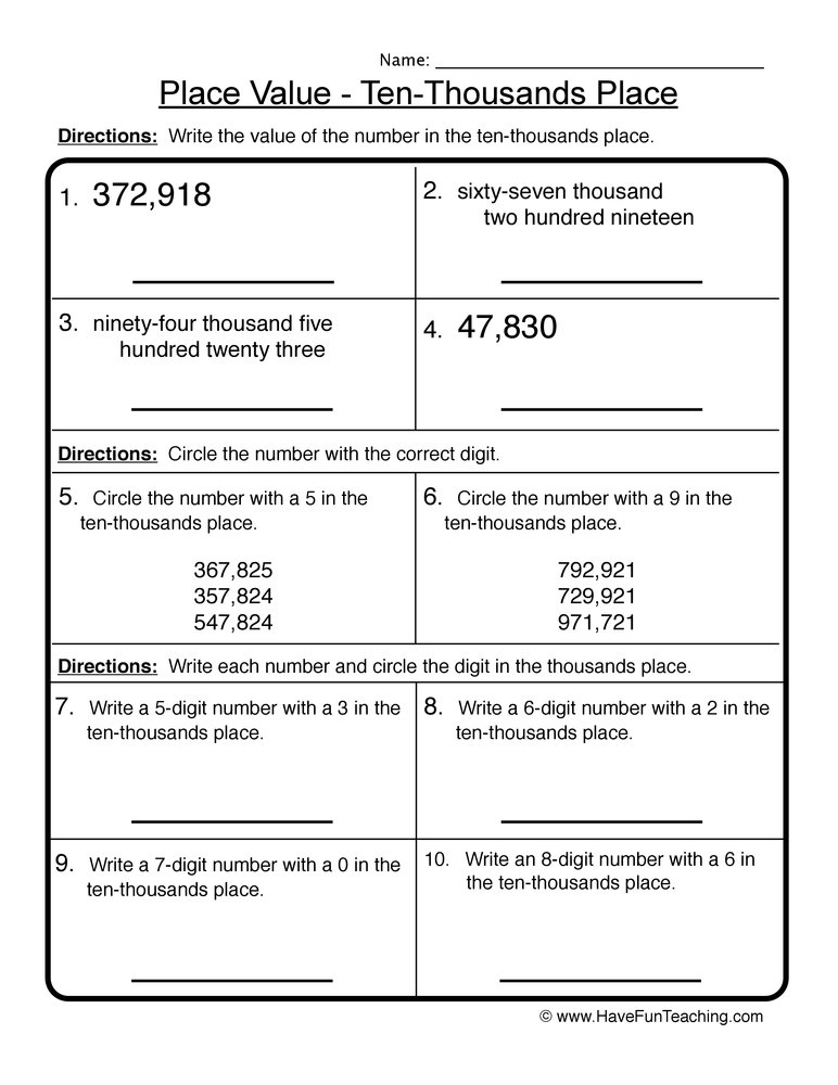 Ten Thousands Place Value Worksheet teaching resource preview
