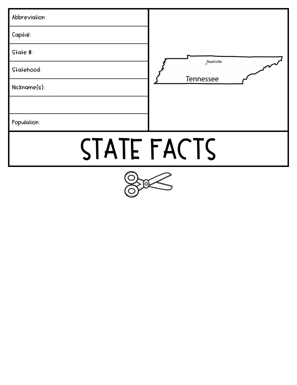 State Facts flipbook section: abbreviation, capital, state number, statehood, nicknames, and population