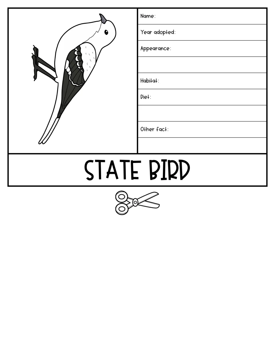 State Bird flipbook section with a bird illustration and prompts for adoption year, habitat, and diet