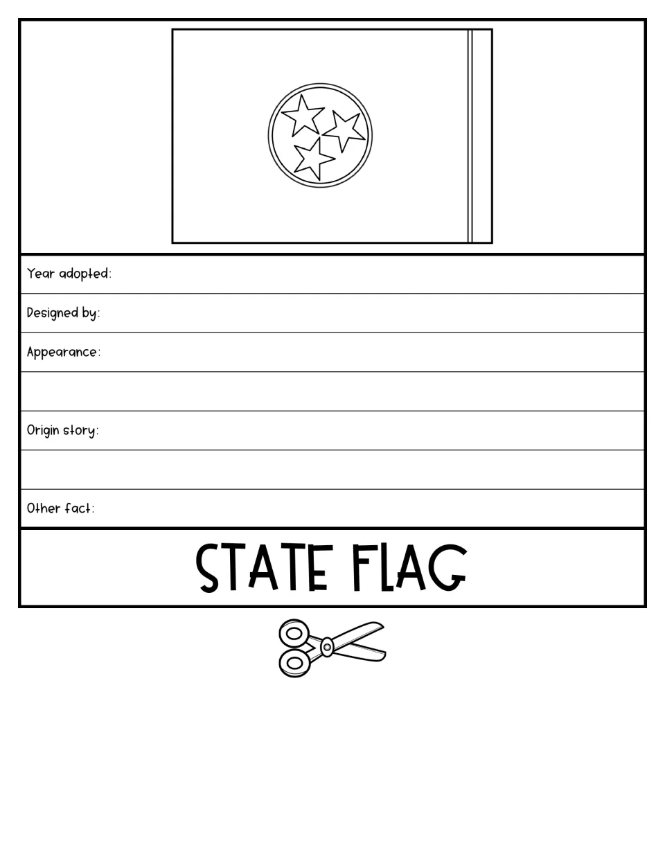 State Flag flipbook section with Tennessee's flag and prompts for adoption, designer, and origin story