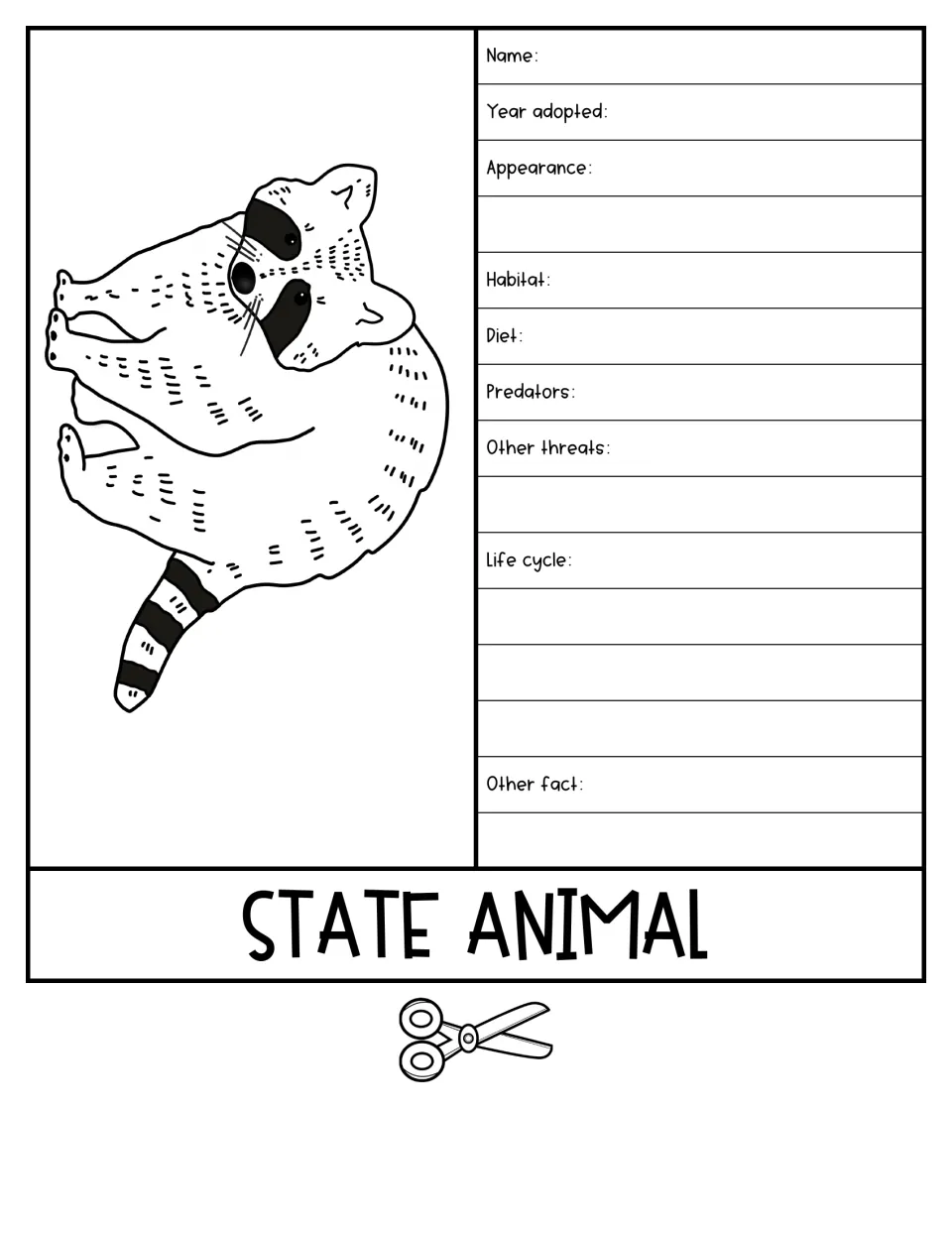 State Animal flipbook section with a raccoon illustration and prompts for habitat, diet, and life cycle