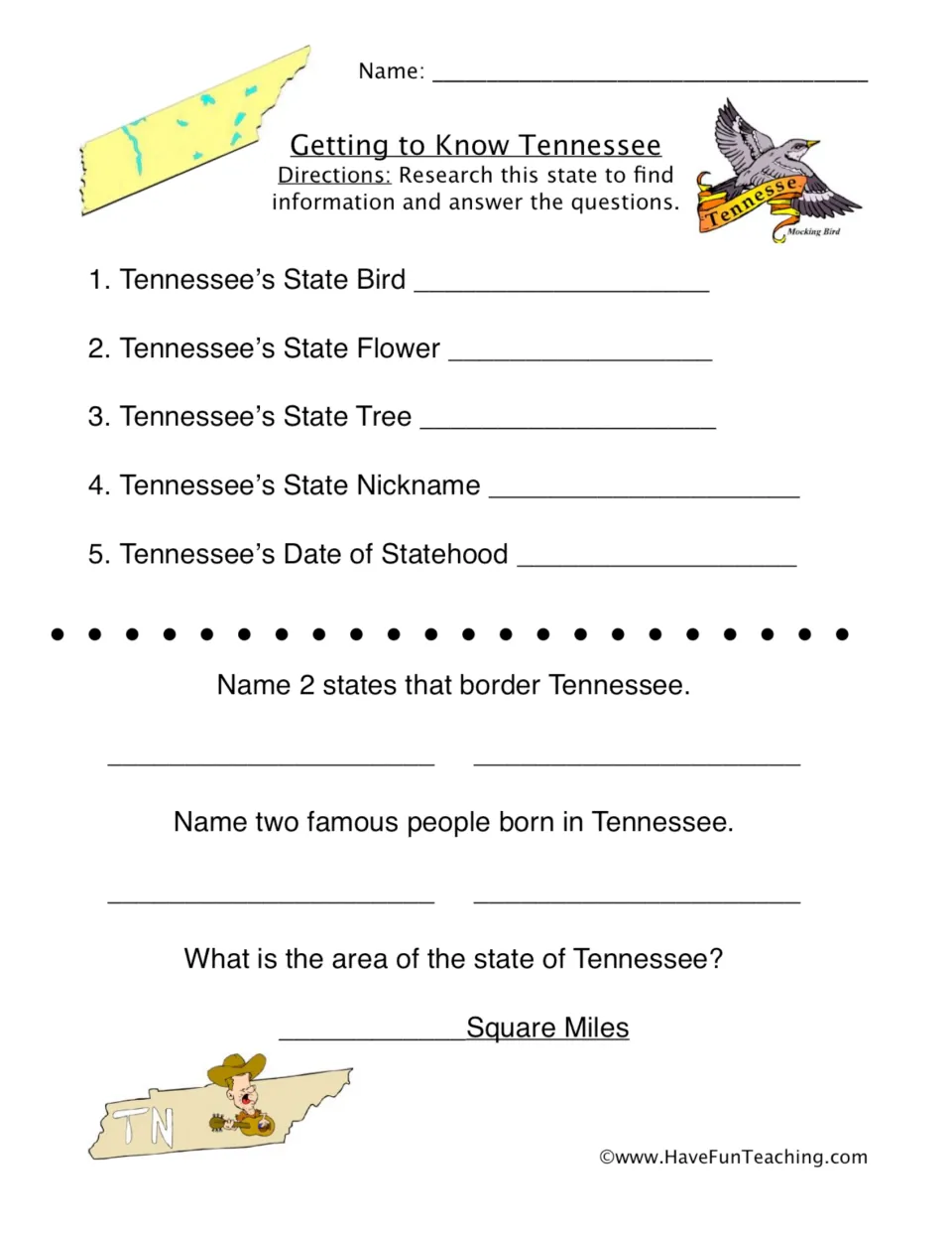 Tennessee research worksheet asking for state symbols, statehood, bordering states, famous people, and area.