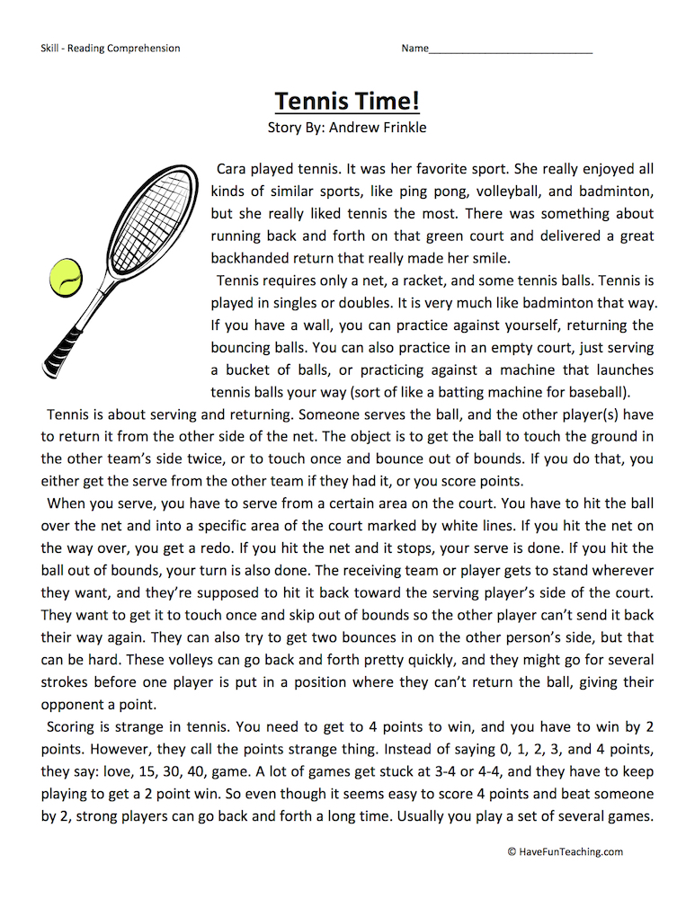 Tennis Time Reading Comprehension Worksheet teaching resource preview