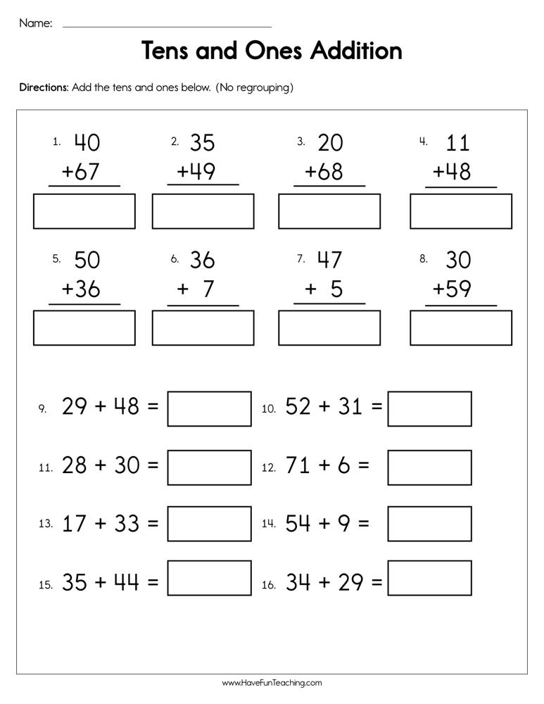 Tens and Ones Adding Worksheet teaching resource preview