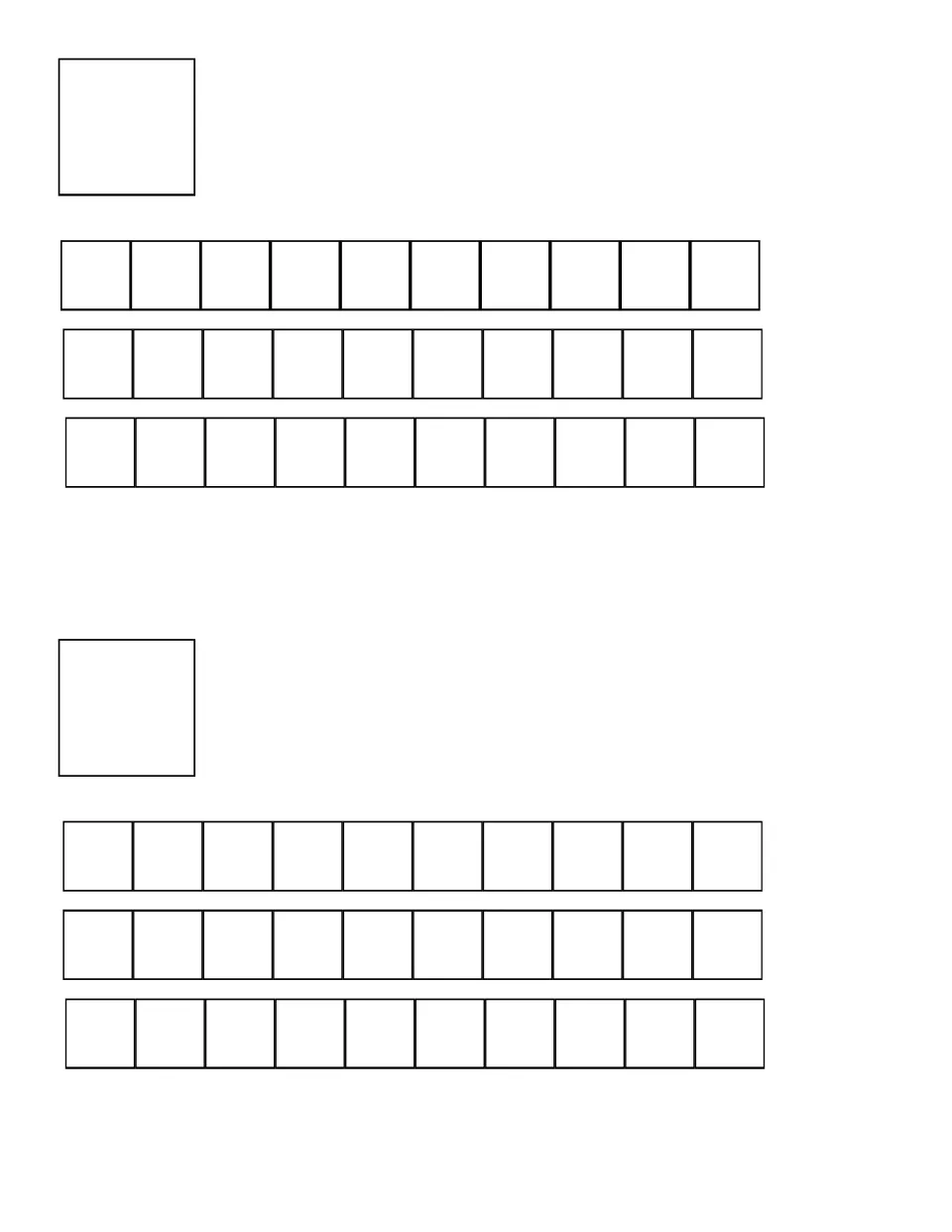 Daily counting book template for 30, showing three ten rods to color and space for a numeral, printed twice.