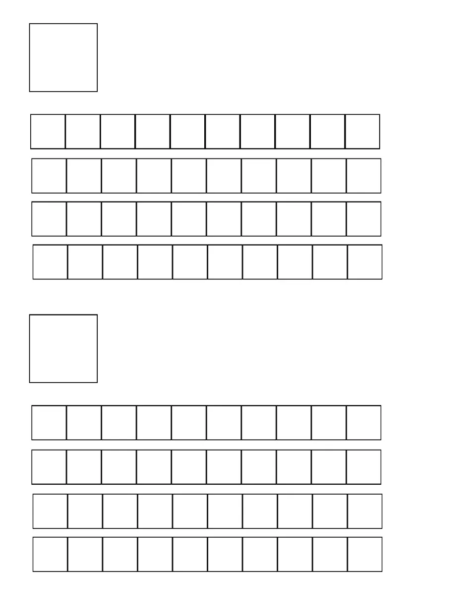 Daily counting book template for 40, showing four ten rods to color and space for a numeral, printed twice.