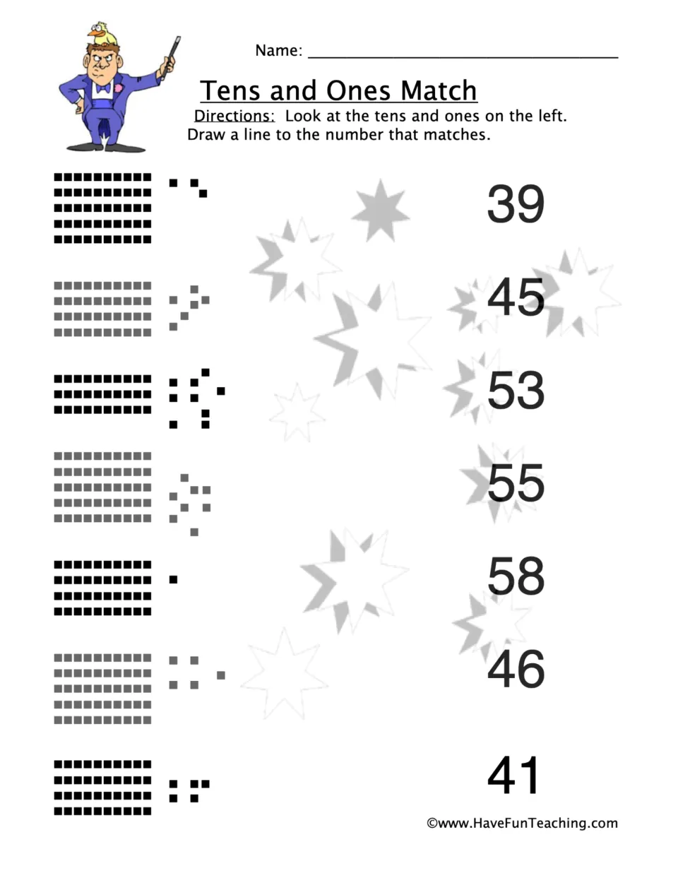 Tens and Ones Match: students count tens and ones blocks in 7 models and draw a line to the matching number, 39 to 58
