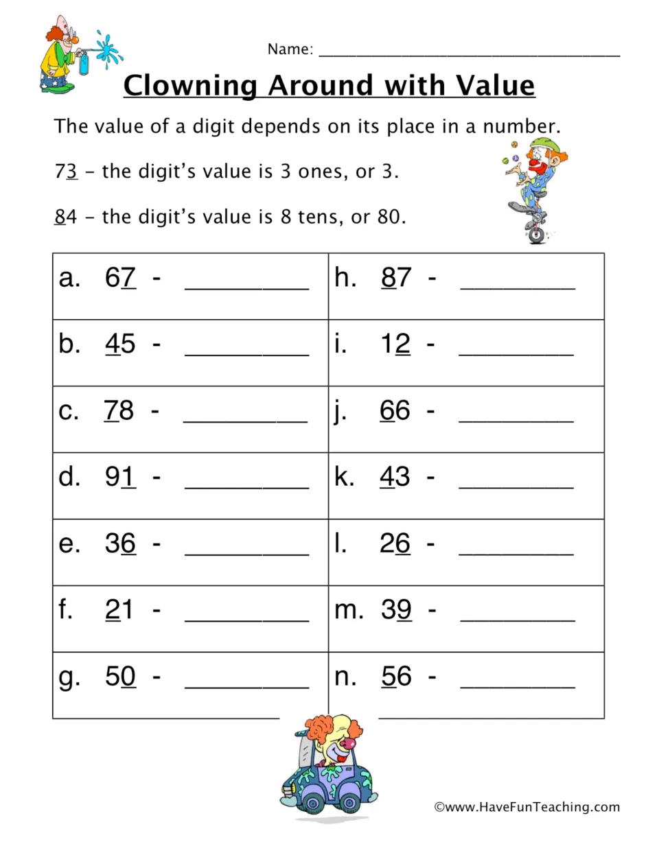 Clowning Around with Value: students write the value of the underlined tens or ones digit in 14 two-digit numbers