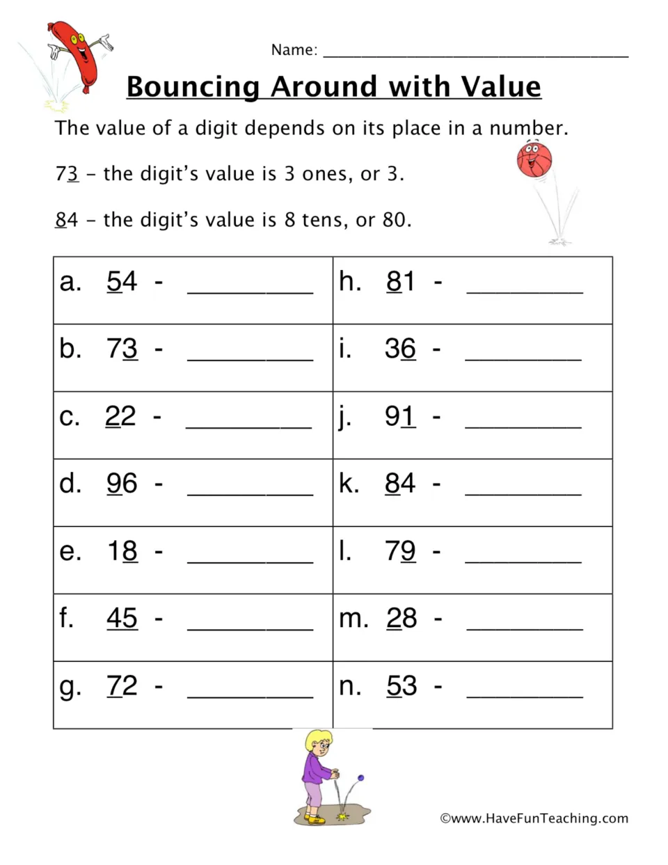 Bouncing Around with Value: students write the value of the underlined digit in 14 two-digit numbers, as tens or ones
