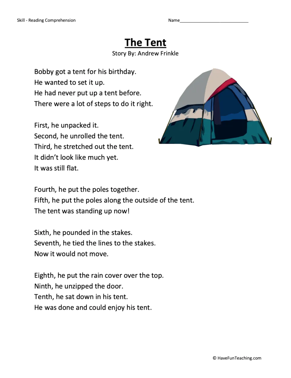 Reading passage about Bobby setting up his birthday tent in ten steps, from unpacking it to sitting inside.