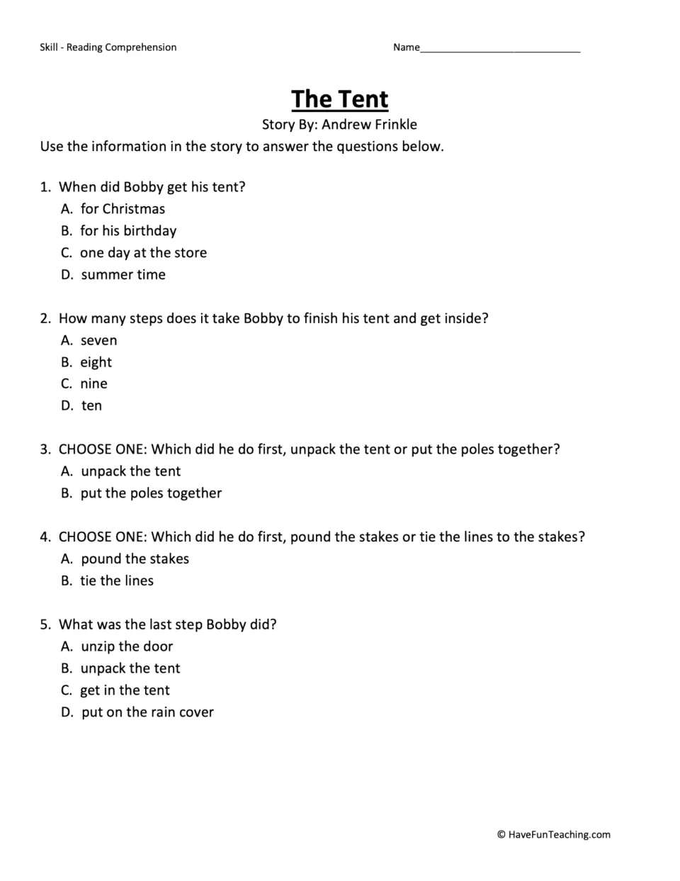 Five comprehension questions about Bobby's birthday tent, the number of steps, and the order of setup tasks.