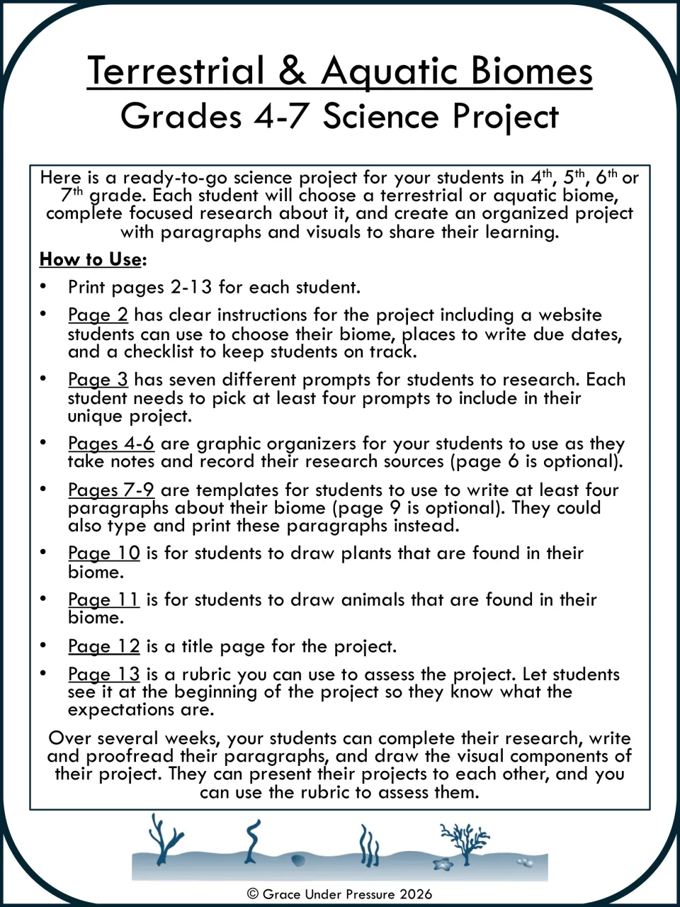 Biome science project overview: how to use the research prompts, note organizers, paragraph and drawing pages and rubric