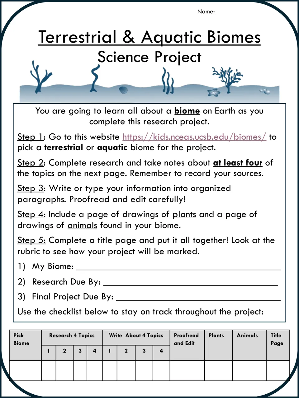 Biome project steps: students pick a terrestrial or aquatic biome, note due dates and track progress on a checklist
