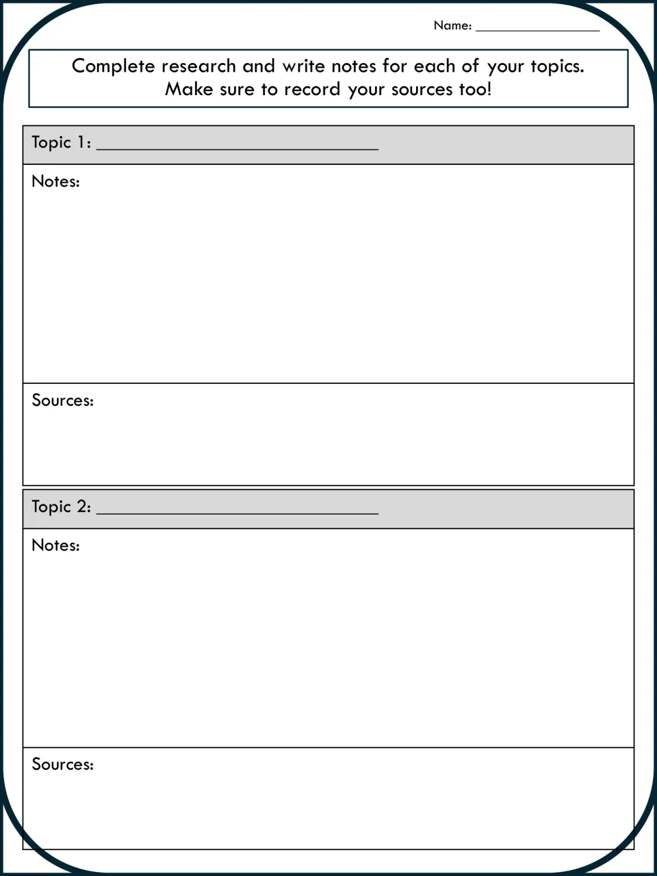 Research notes organizer for topics 1 and 2: students record notes on each chosen biome topic and list their sources