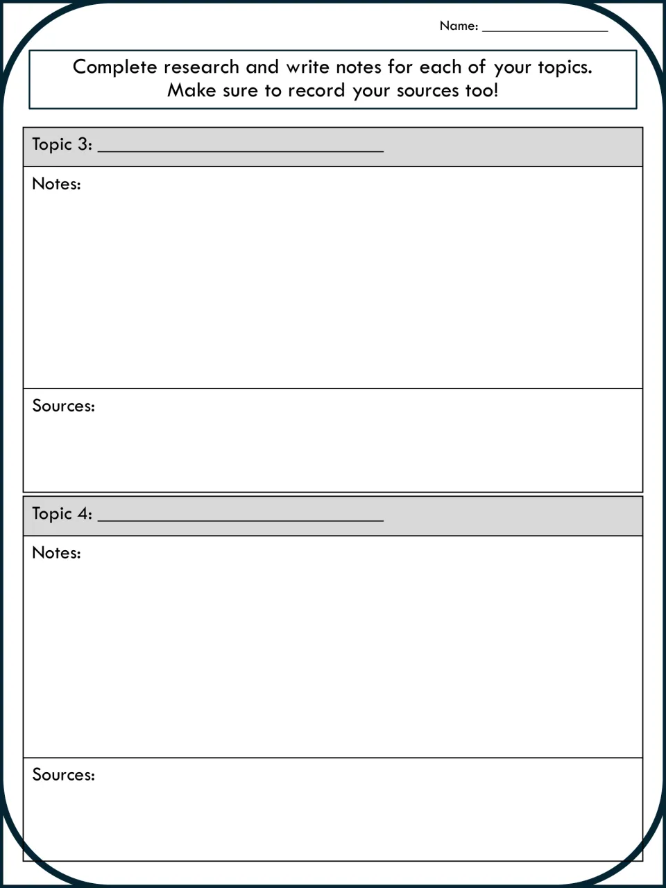 Research notes organizer for topics 3 and 4: students write notes on two more biome topics and cite where they found them
