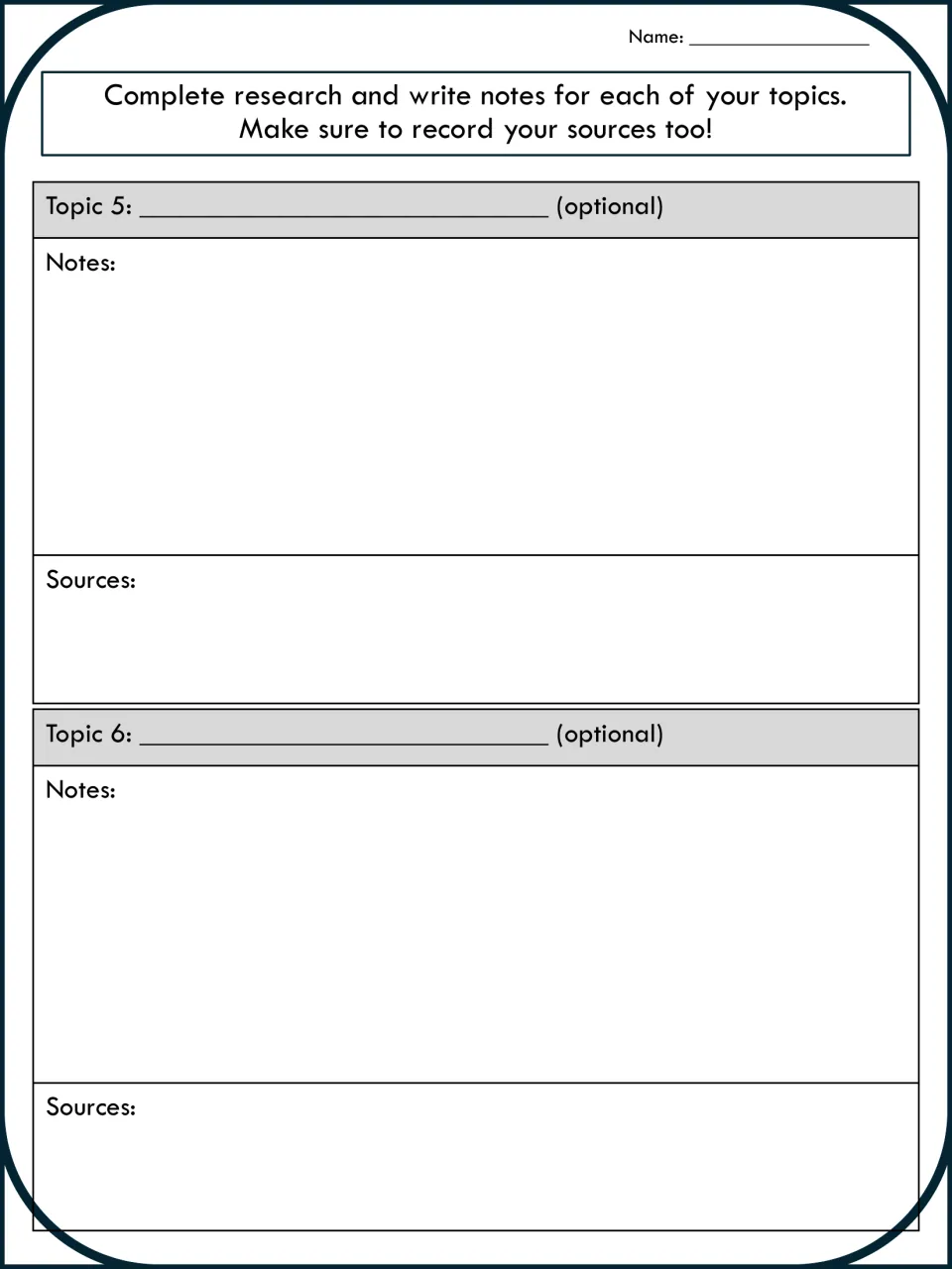 Optional research notes for topics 5 and 6: students take notes and record sources for extra biome topics if they choose