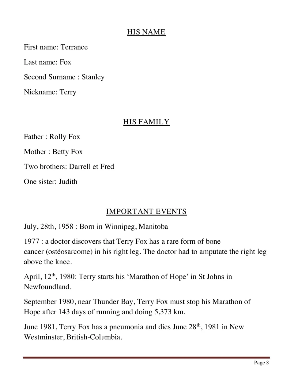 Terry Fox fact page: his full name, his parents and siblings, and a timeline of key events from his 1958 birth to 1981