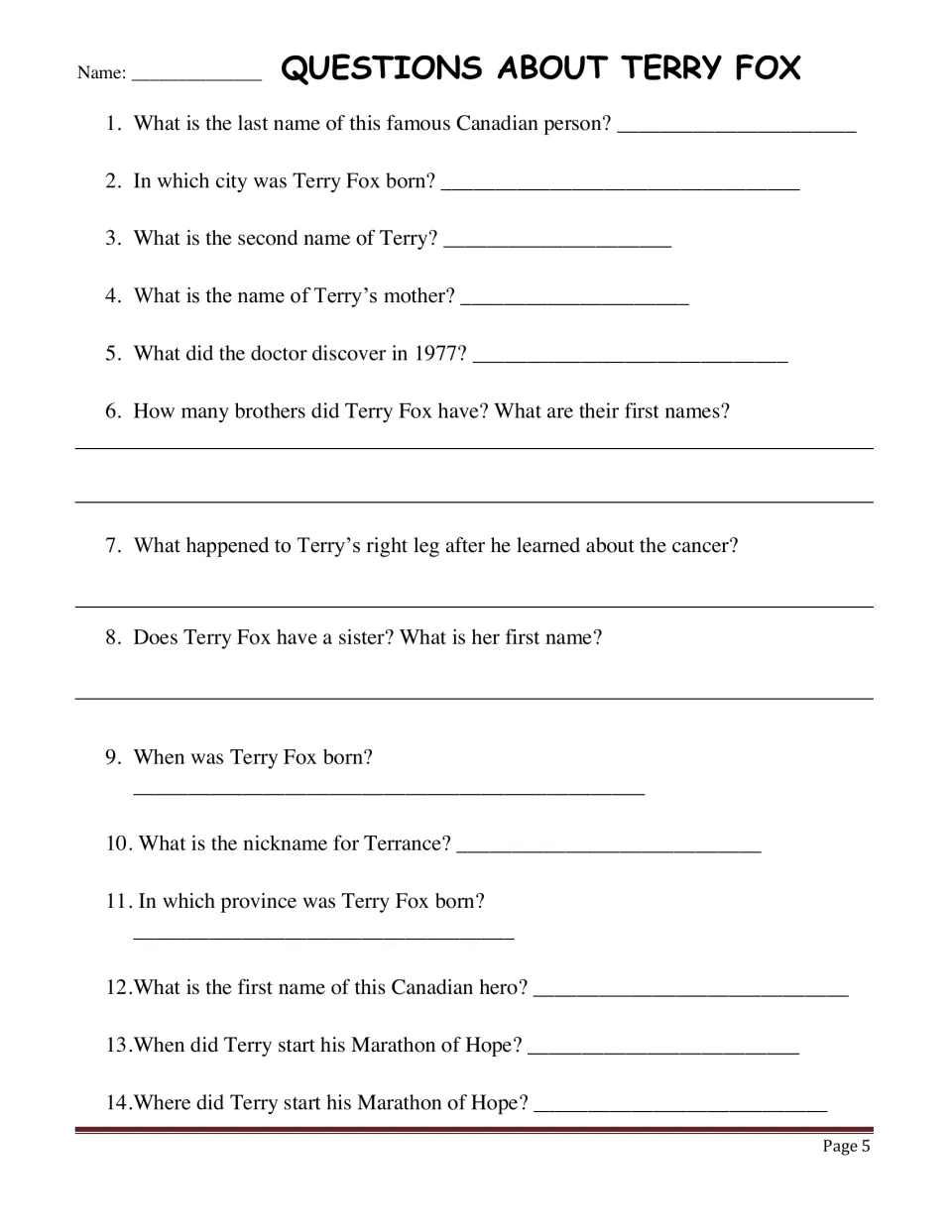 Questions About Terry Fox, items 1 to 14: students recall his name, family, birthplace, cancer and marathon start