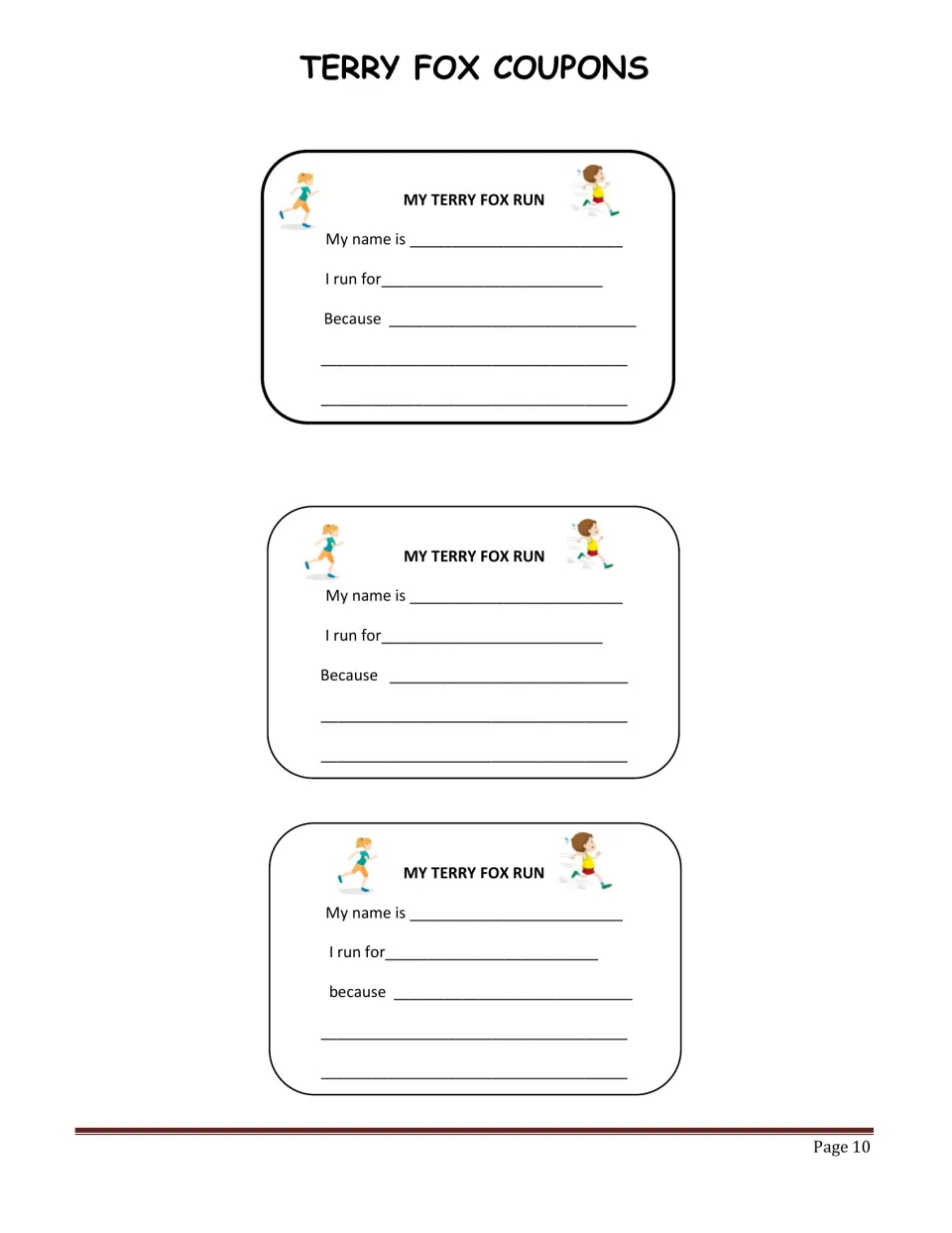 My Terry Fox Run coupons: three cut-out cards where students write their name, who they run for and the reason why