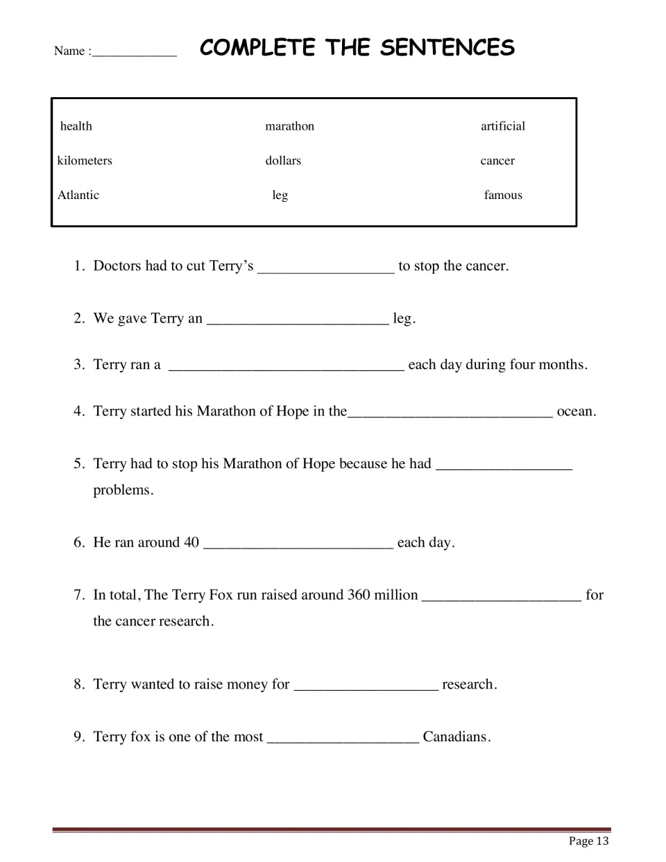Complete the Sentences: students fill 9 blanks about Terry's life from a 9-word bank including leg, Atlantic and cancer