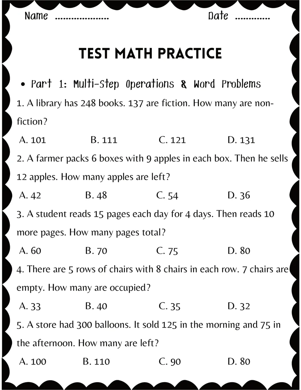 Part 1, multi-step word problems: students choose A to D answers for 5 problems on books, apples, pages, chairs, balloons