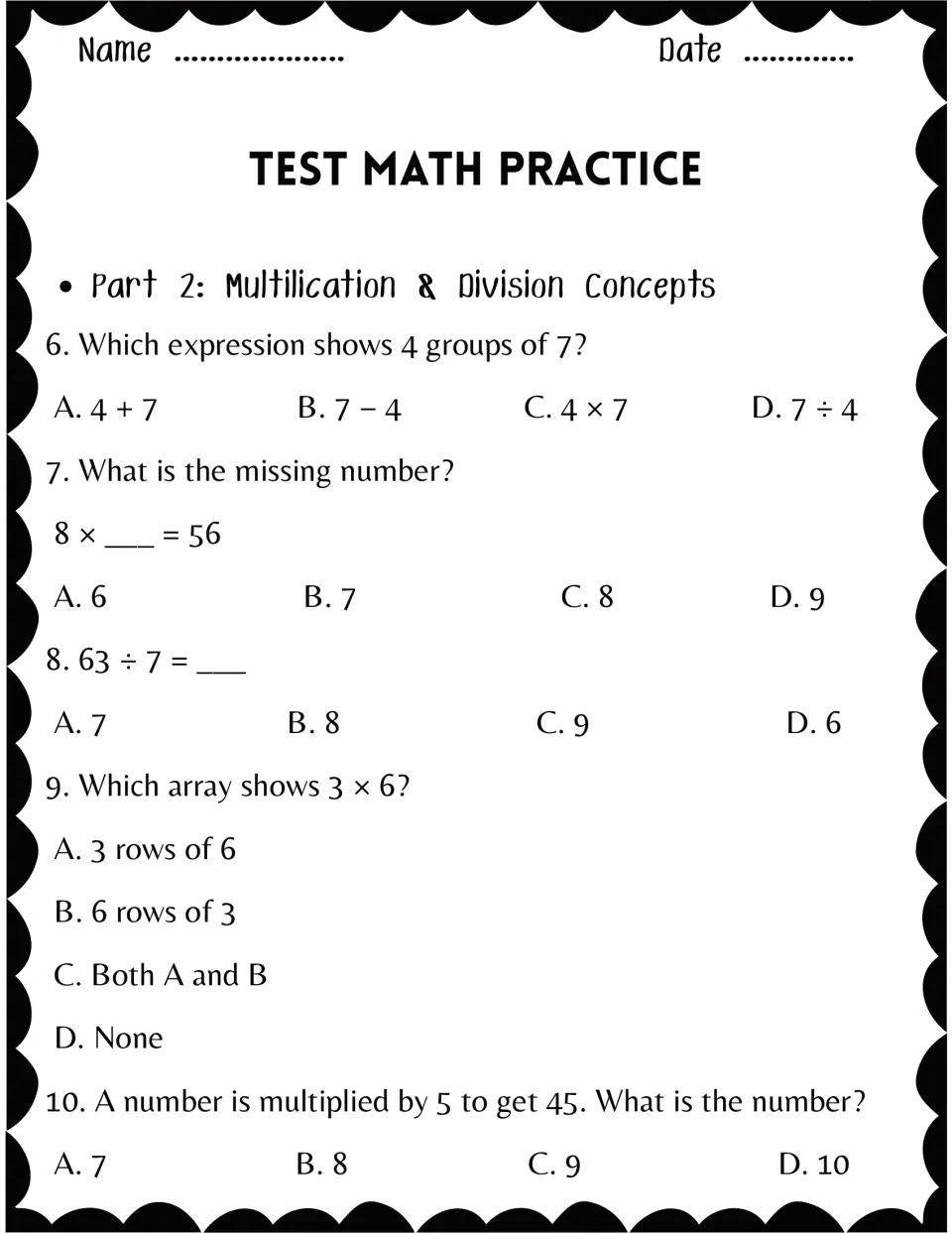 Part 2, multiplication and division concepts: students pick answers on equal groups, missing factors, arrays, 63 ÷ 7