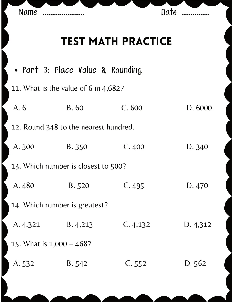 Part 3, place value and rounding: students find the value of 6 in 4,682, round 348, compare 4-digit numbers, subtract