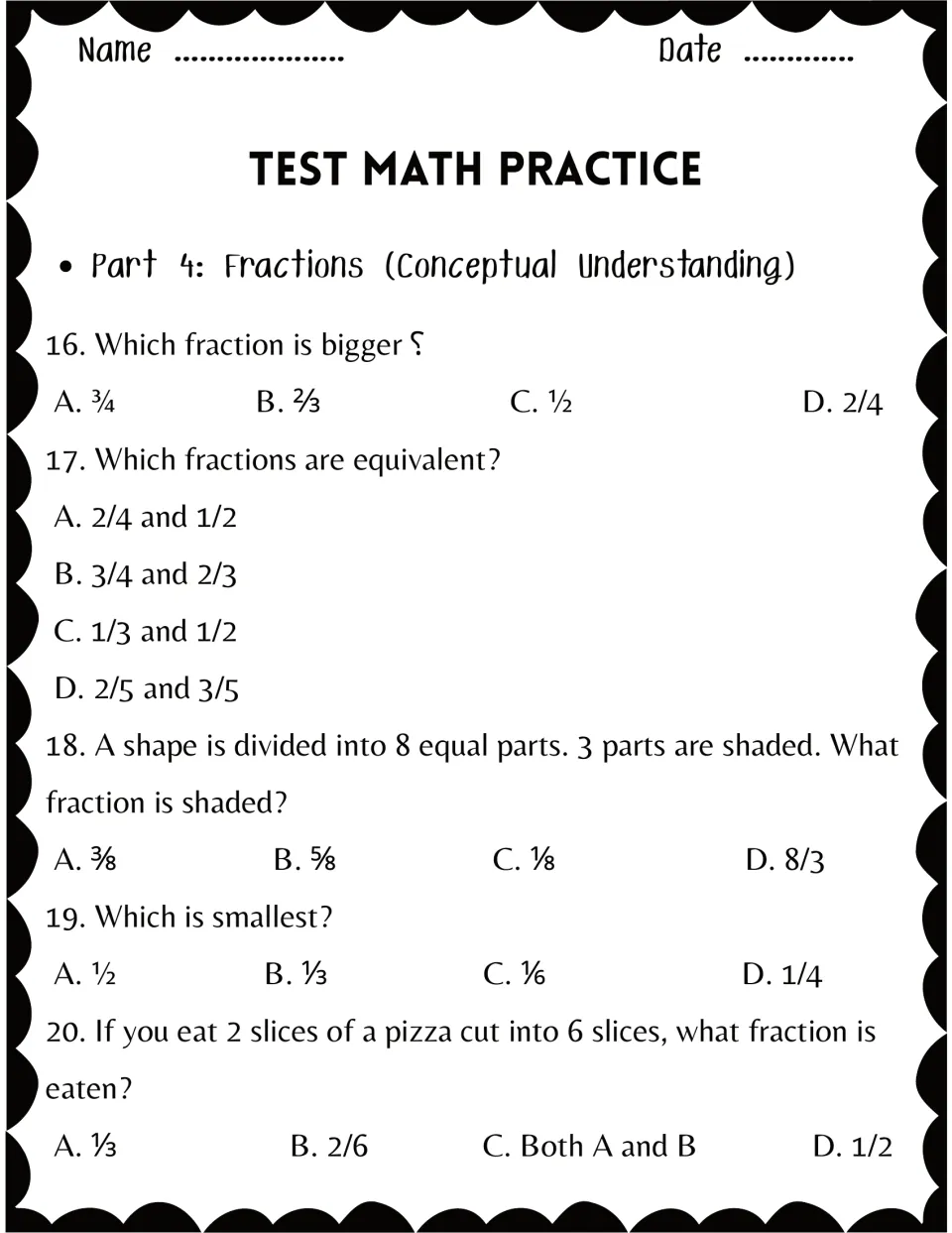 Part 4, fractions: students compare fractions, spot equivalent pairs like 2/4 and 1/2, name shaded parts and pizza slices