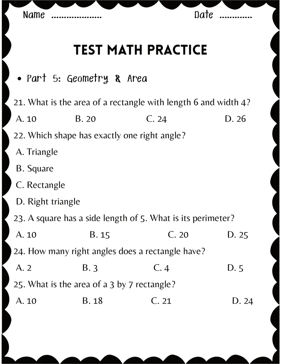 Part 5, geometry and area: students find rectangle area, a square's perimeter and count right angles in multiple choice