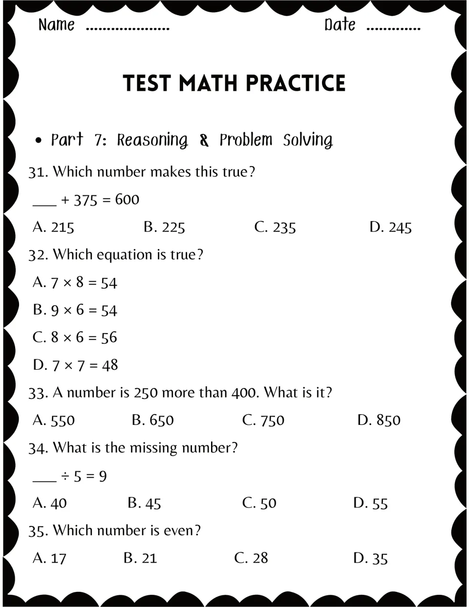 Part 7, reasoning: students find missing numbers in ___ + 375 = 600 and ___ ÷ 5 = 9, pick a true equation and even number